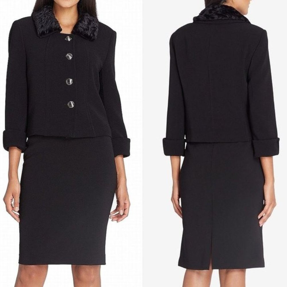 Tahari ASL faux fur collar skirt suit set